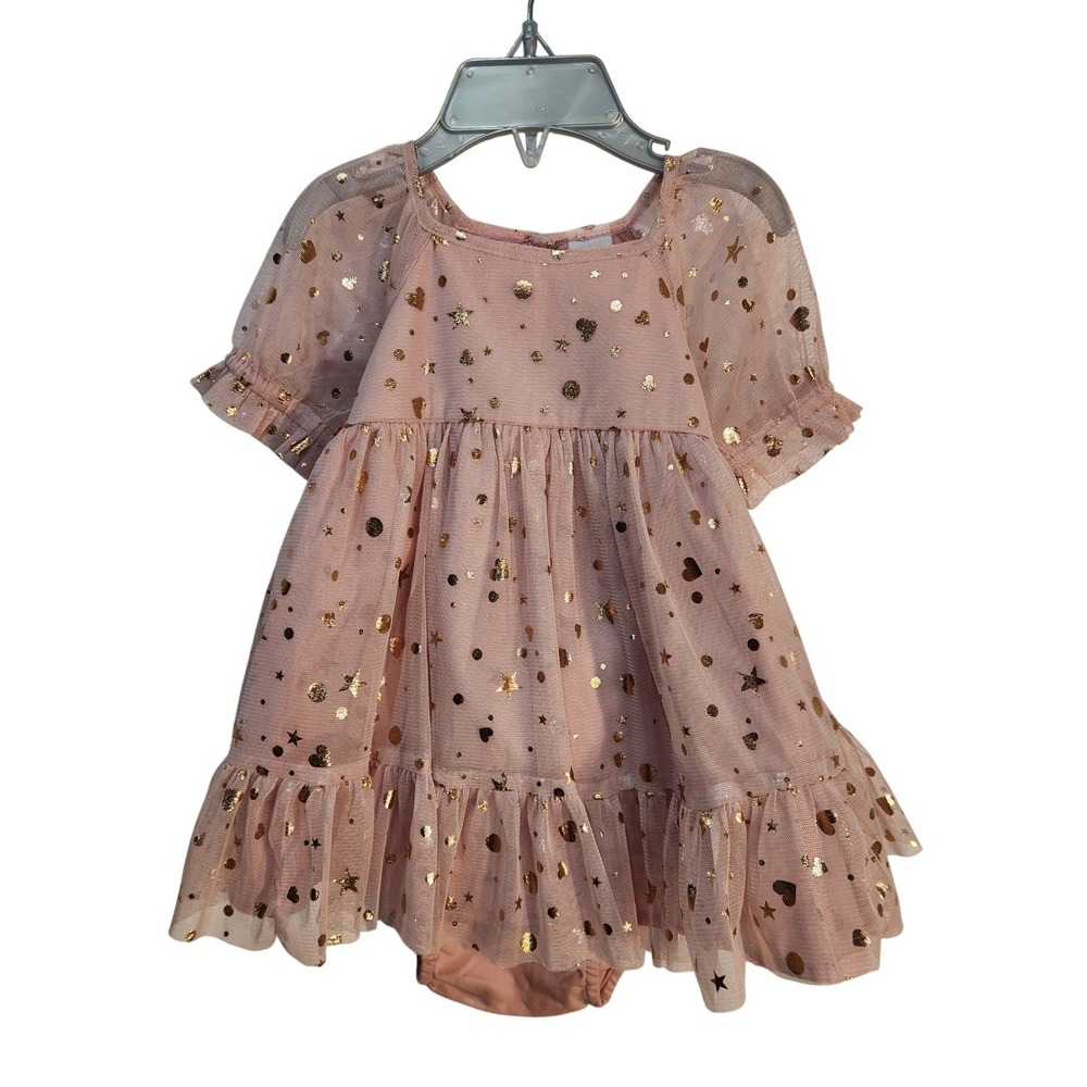 Baby Gap NWOT‎ Pink Tulle Dress Gold Stars Hearts Ruffle Bloomers 6-12 Months - Picture 3 of 7